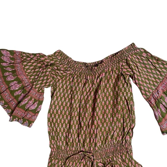 Anthropologie Raga Off-Shoulder Romper Green Pink Boho Pom-Pom Trim Size Small - Picture 10 of 15